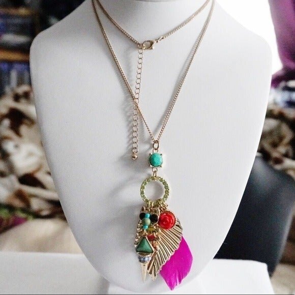 Owl Feather Flower Dangle Pendant Statement Necklace Gold Tone - Picture 2 of 6